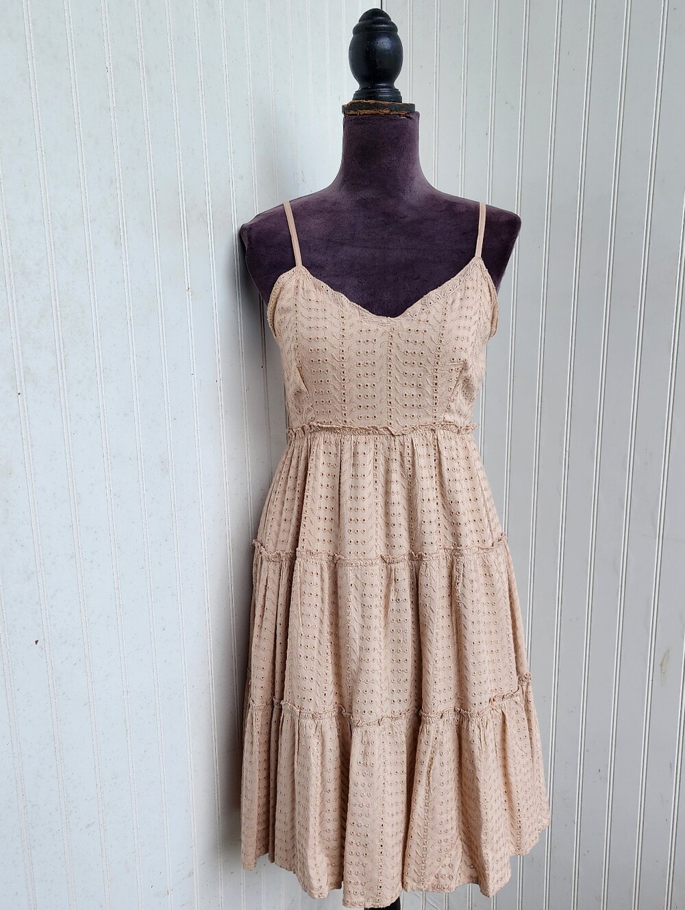 Sim & Sam Beige Rayon Eyelet Design Adjustable Straps Summer Dress Smocked Sz S